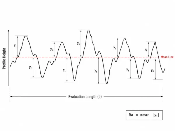 Diagram illustrating how Ra arithmetic average roughness is calculated from a surface profile showing mean line and deviations
