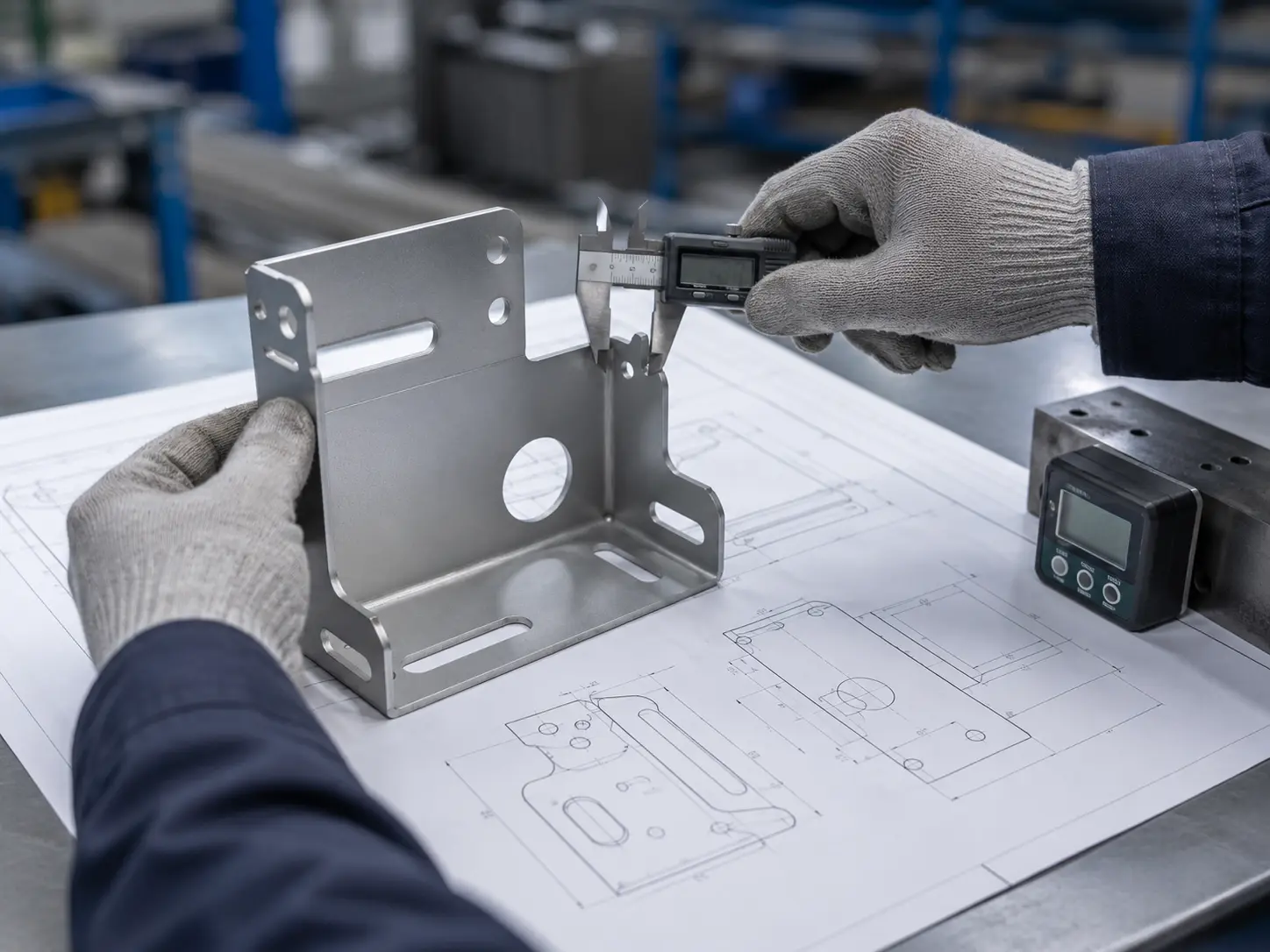 Engineer measuring a bent sheet metal part on an engineering drawing with a digital caliper during a manufacturability review