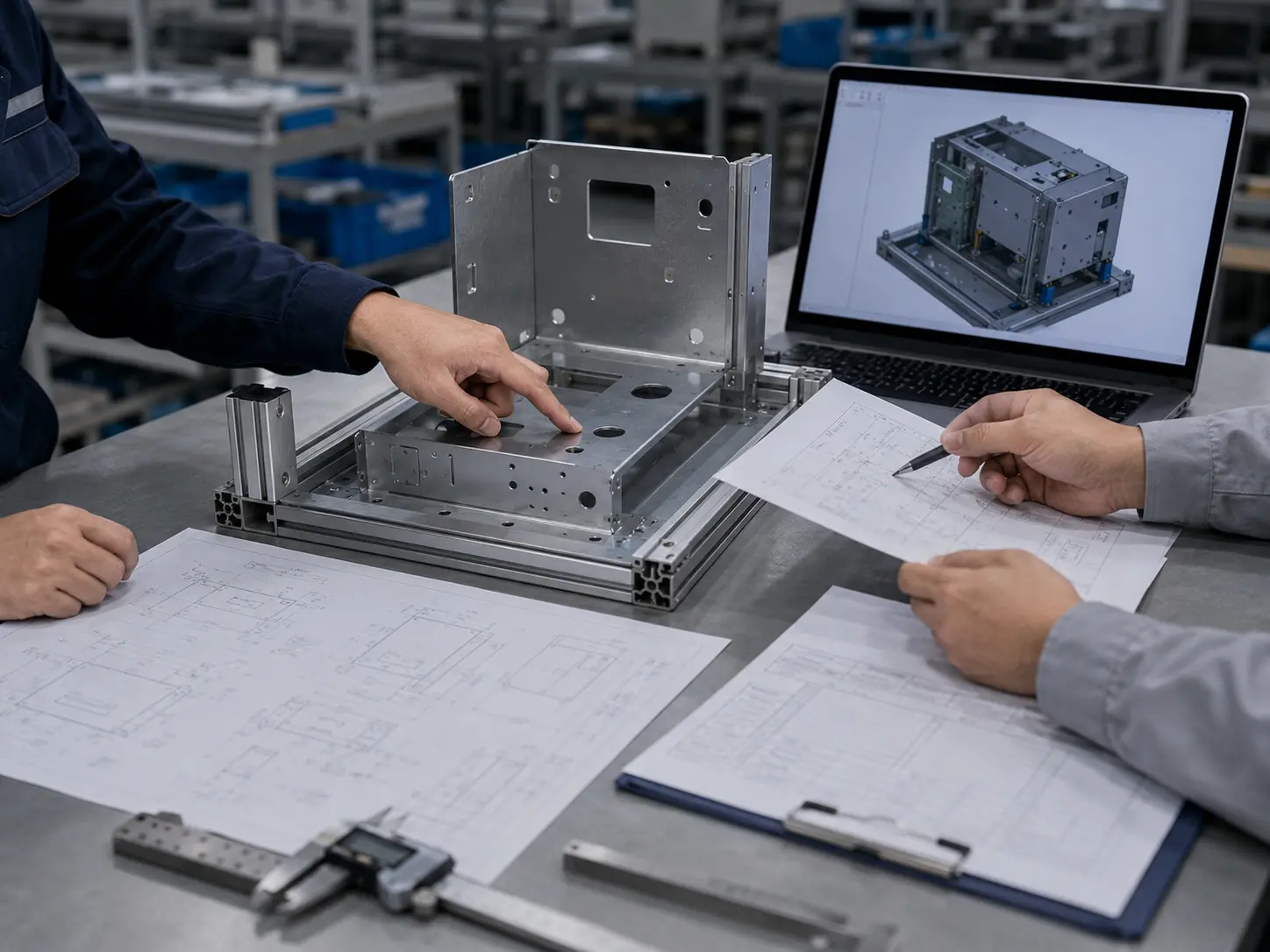 Customer and supplier engineers reviewing sheet metal assembly requirements, drawings, and quality expectations before production