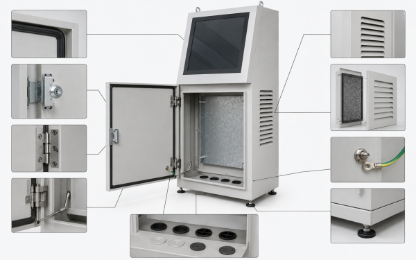 Standard components installed in a custom outdoor kiosk enclosure