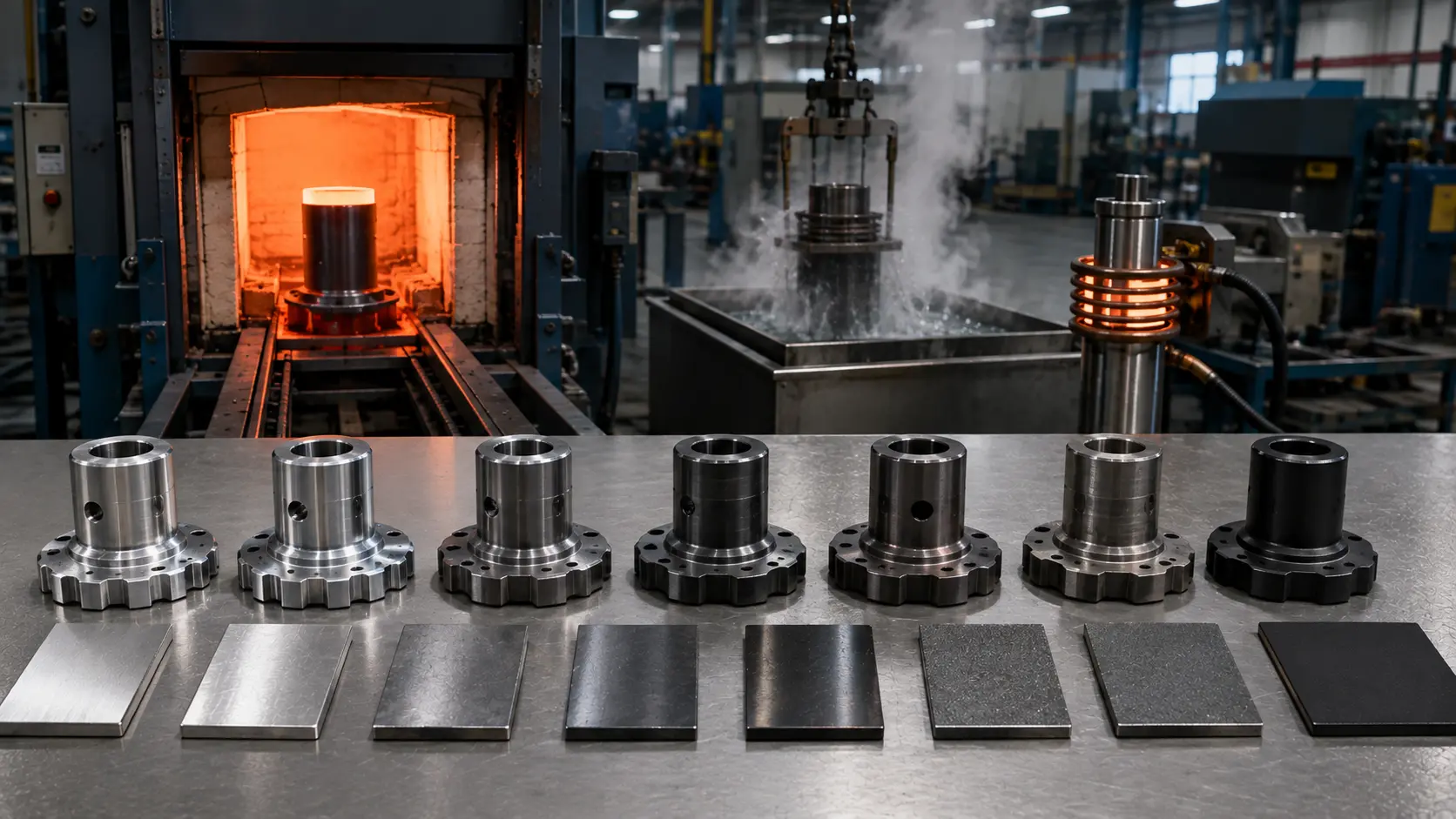 Steel heat treatment processes showing annealing, quenching, tempering, carburizing, induction hardening, and black oxide treatment
