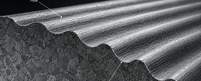 Microscopic cross-section view of a machined metal surface showing peaks and valleys of surface roughness texture