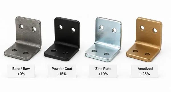 Four sheet metal bracket samples with different surface finishes — bare steel, powder coated, zinc plated, and anodized — showing visual and cost differences