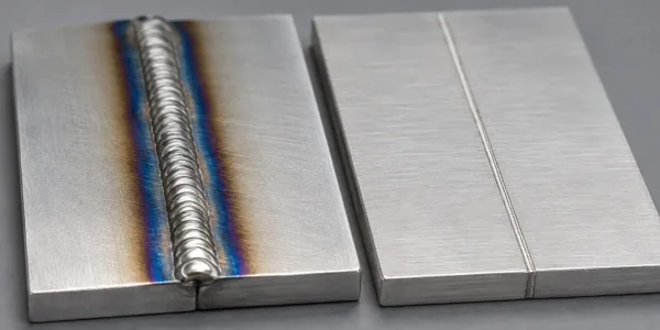 Close-up comparison of TIG weld bead and laser weld bead surface finish on aluminum sheet