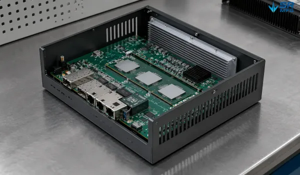 Custom WiFi router metal enclosure with ventilation slots and integrated heat sink