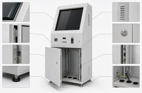 Vandal-resistant security features on an outdoor self-service kiosk cabinet