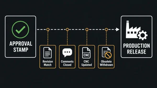 Infographic showing the gap between drawing approval and production release with four required checkpoints