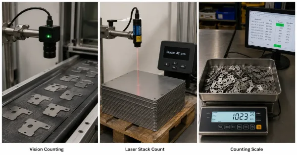 Three automated counting methods for sheet metal parts: vision camera on conveyor, laser sensor measuring sheet stack height, and an industrial counting scale