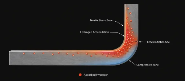 Cross-section diagram of a bent steel flange showing tensile stress concentration and hydrogen accumulation at the outer bend radius
