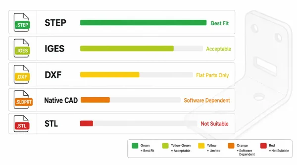 A comparison chart showing five CAD file formats with their suitability icons for sheet metal fabrication