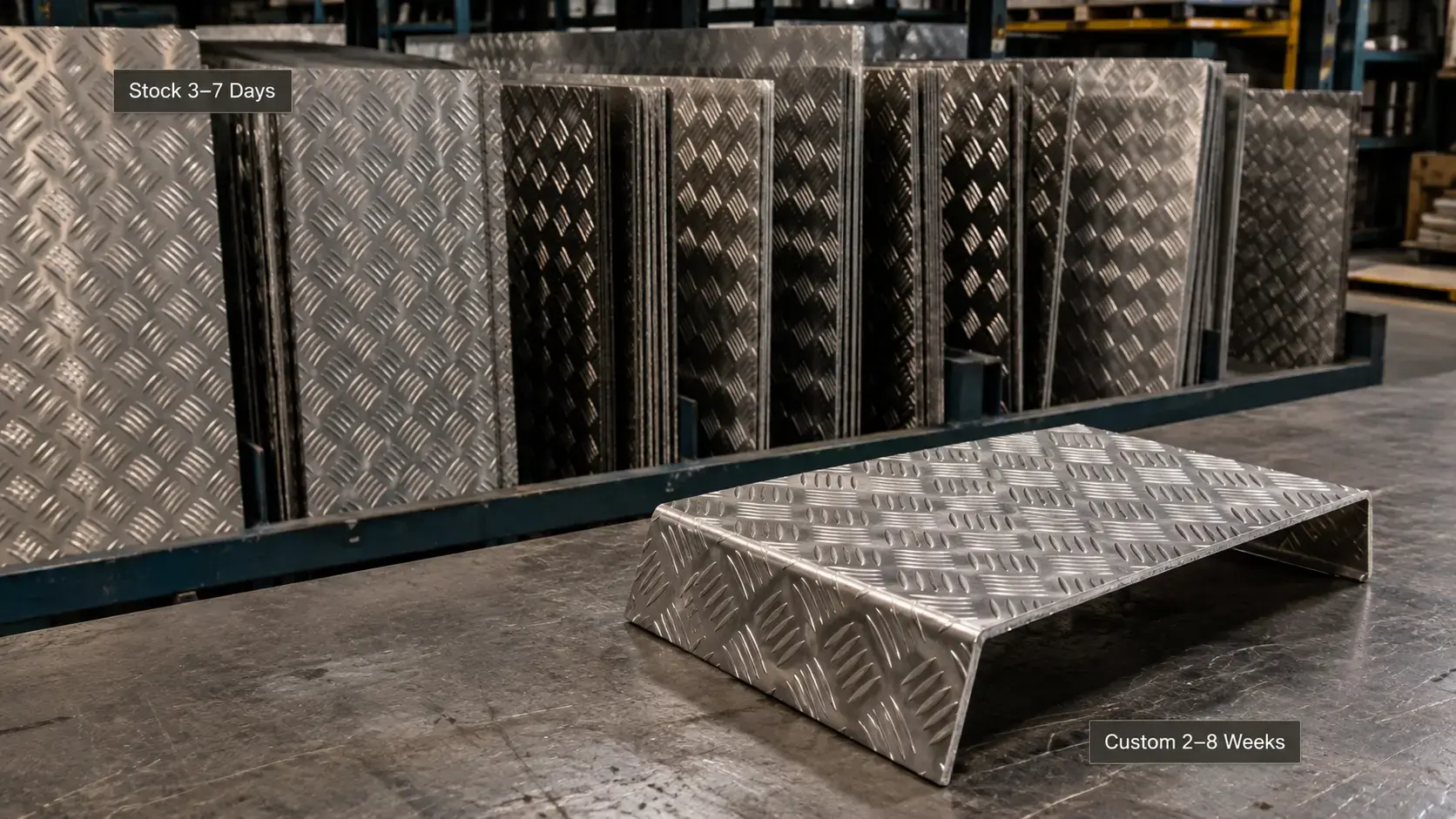 Checker plate sheets and fabricated parts illustrating lead time and availability