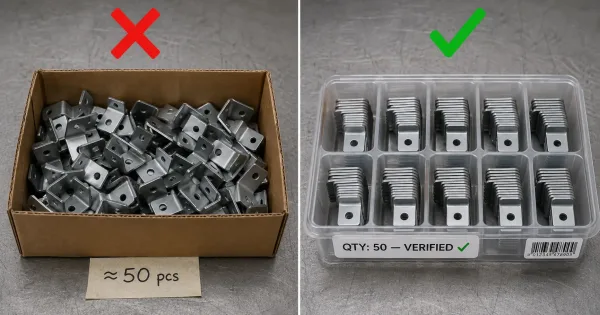 Side-by-side comparison showing a wrong counting approach with loose parts in an unmarked box versus a correct approach with parts in labeled count trays