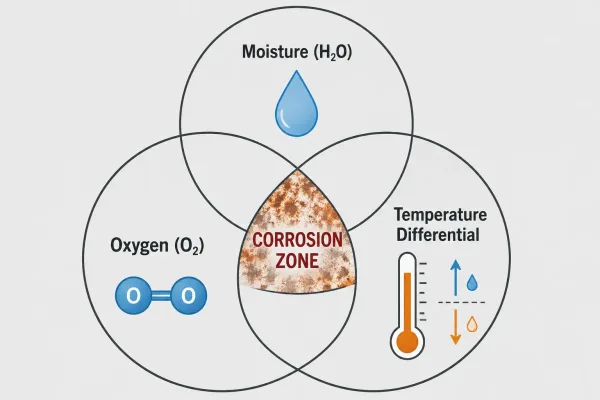 Technical diagram showing the three conditions required for corrosion: oxygen, moisture, and temperature differential