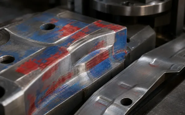 Close-up of a stamping die forming surface showing red and blue contact paste transfer pattern revealing high and low contact areas