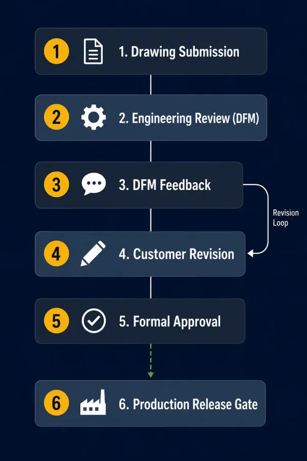 Vertical flowchart showing the six-step sheet metal drawing approval workflow from submission to production release