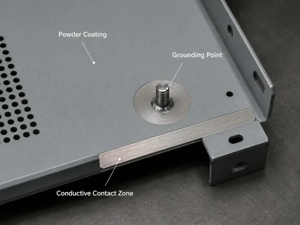 Grounding point and conductive contact zone on a powder coated sheet metal enclosure