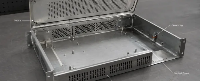 EMI shielding design features on a custom sheet metal enclosure