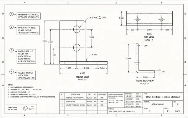 Example engineering drawing callout showing proper hydrogen embrittlement relief baking notation for a plated high-strength steel bracket