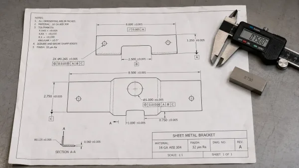 An engineering drawing of a sheet metal part with GD&T callouts and tight tolerance specifications on a drafting table