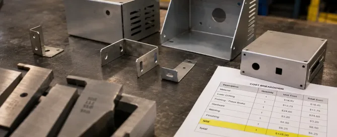 Low-volume sheet metal parts and tooling on a workbench with a highlighted NRE cost sheet