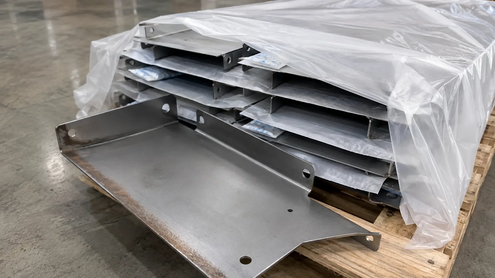 Bare steel sheet metal parts wrapped in VCI film with desiccant packs on a warehouse pallet