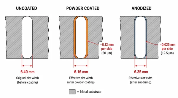 Technical diagram showing dimensional changes from powder coating versus anodizing on a sheet metal slot feature