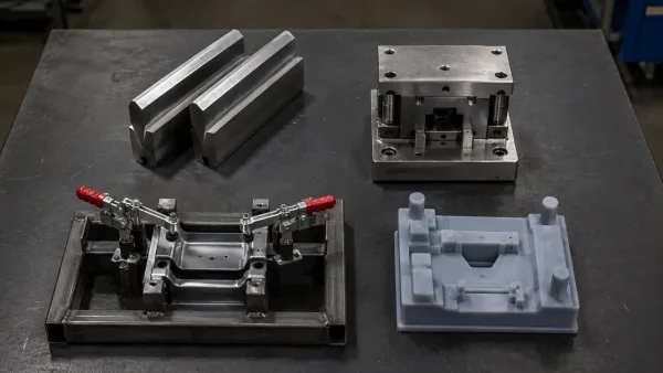 Four types of sheet metal tooling — V-dies, stamping die, fixture jig, and 3D-printed soft tooling — arranged on a workbench