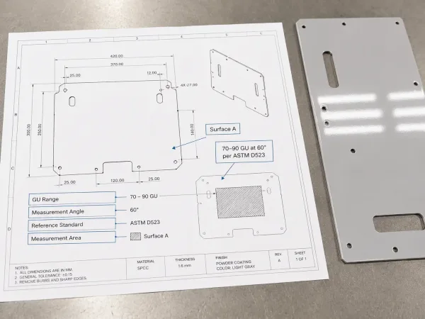 Engineering drawing callout for gloss finish specification