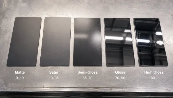 Comparison of gloss levels from matte to high gloss on sheet metal panels