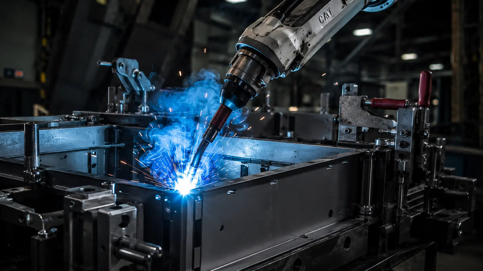 Robotic welding arm performing arc weld on sheet metal cabinet frame held in fixture