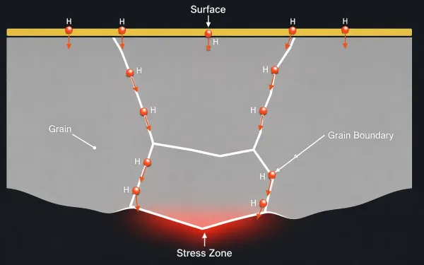 Technical cross-section diagram showing hydrogen atoms migrating through steel grain boundaries and accumulating at stress concentration points