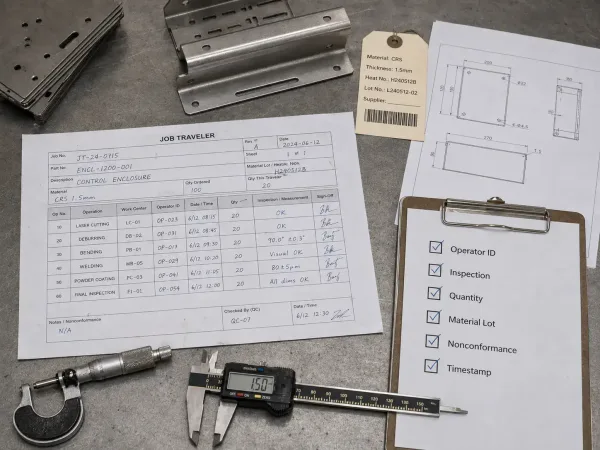 Six critical fields required on a manufacturing job traveler
