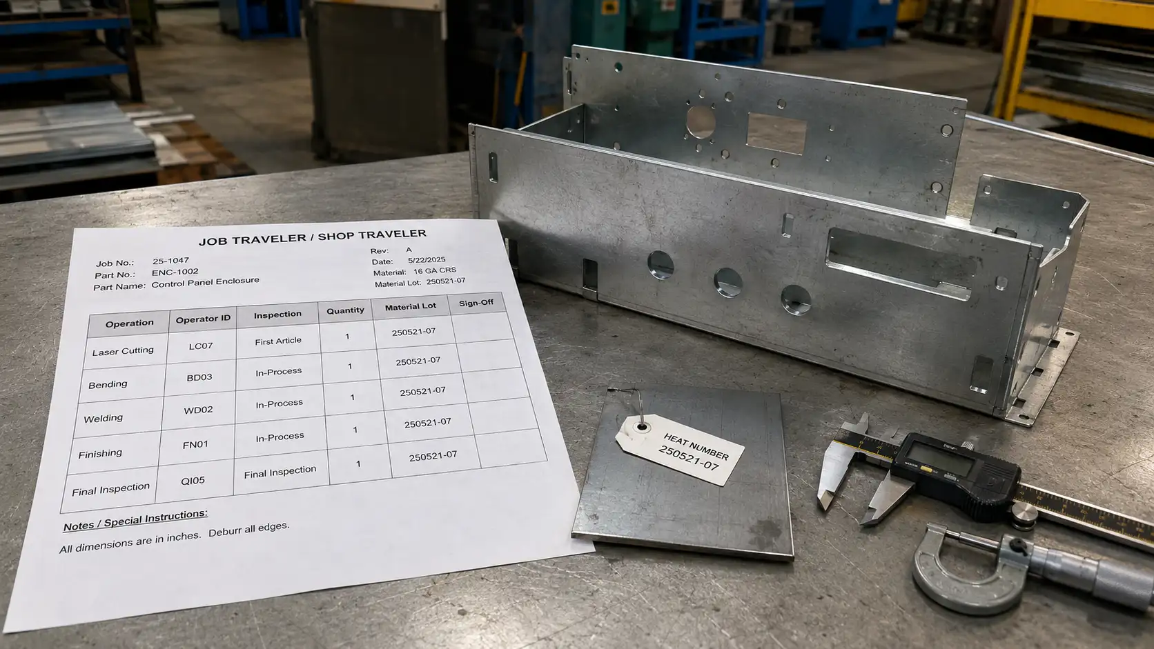 Job traveler documenting sheet metal production operations and traceability