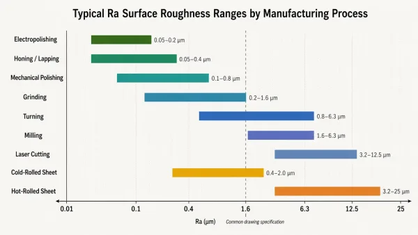 Horizontal bar chart comparing Ra surface roughness ranges for common manufacturing processes from raw material to finishing
