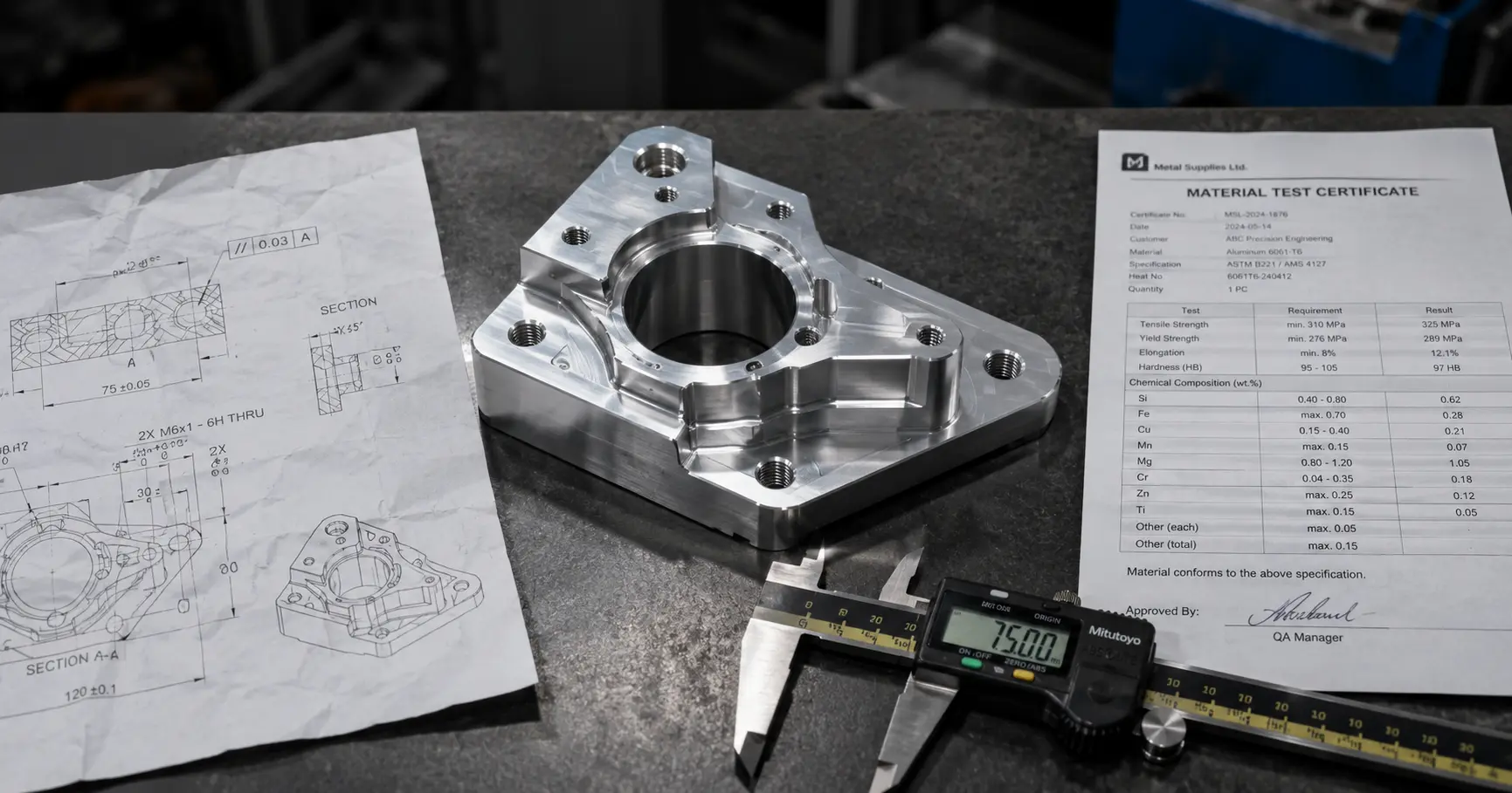 Precision machined metal part on inspection table with caliper and engineering drawing representing manufacturing quality requirements