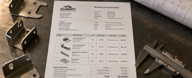A printed manufacturing quotation document placed on a workshop table next to sheet metal fabricated parts and technical drawings