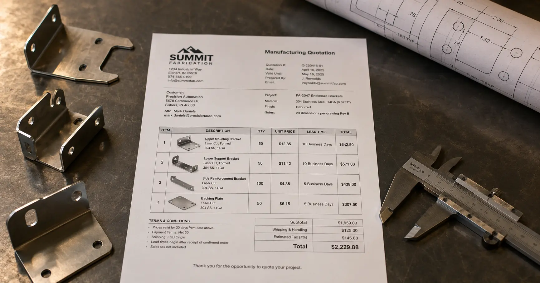 A printed manufacturing quotation document placed on a workshop table next to sheet metal fabricated parts and technical drawings