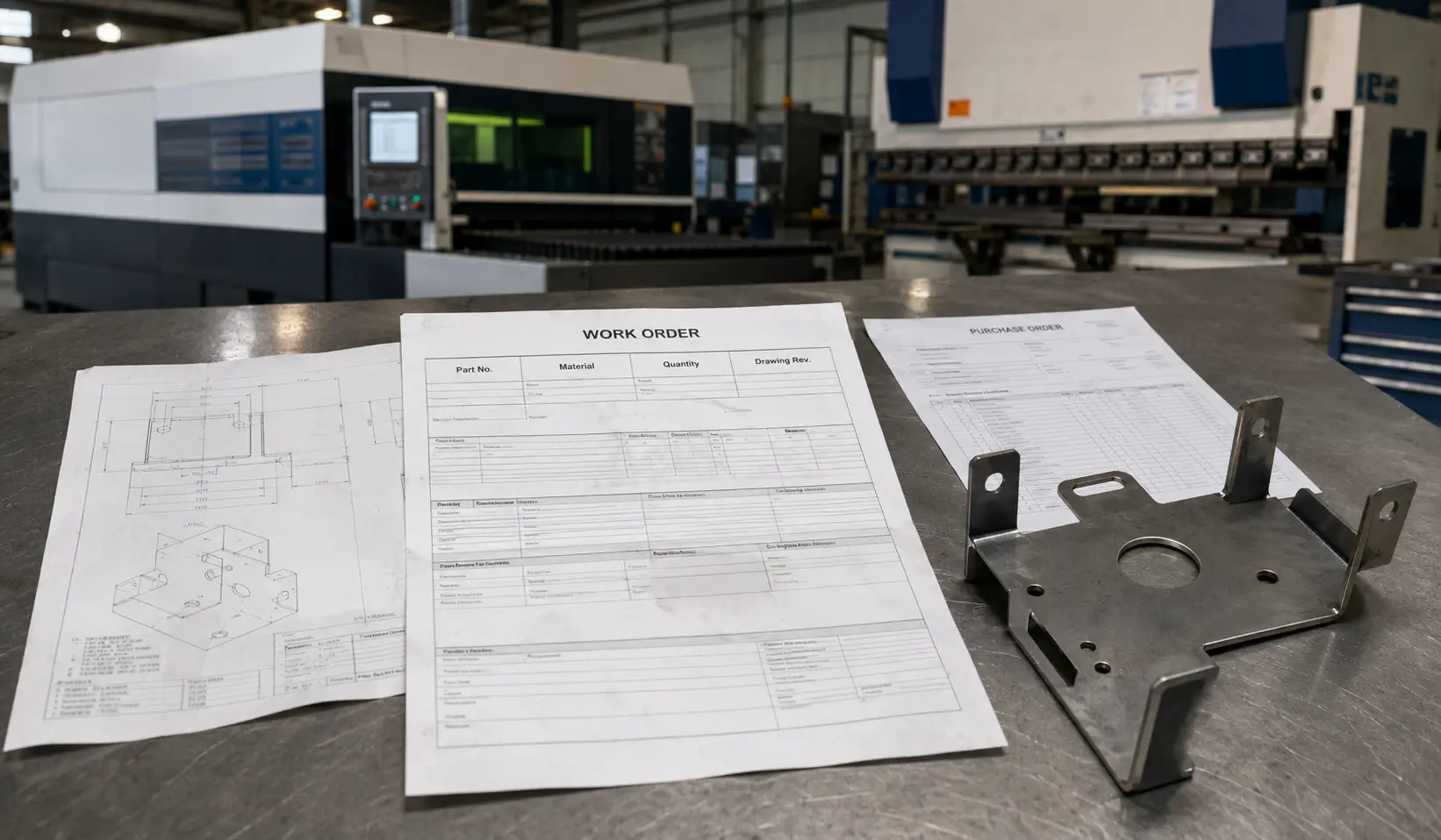 Manufacturing work order with engineering drawing and sheet metal production documents