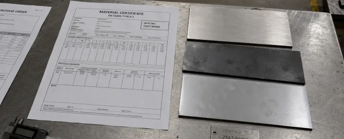 Material certificate for sheet metal with EN 10204 Type 3.1 and heat number traceability