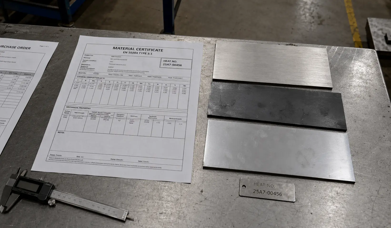 Material certificate for sheet metal with EN 10204 Type 3.1 and heat number traceability