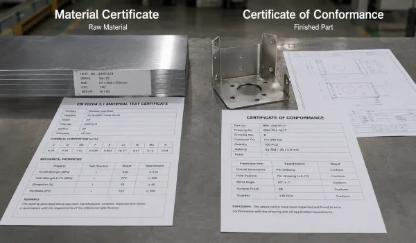 Material certificate versus certificate of conformance for sheet metal parts