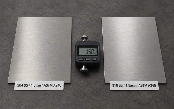 Close-up of labeled stainless steel and aluminum sheet metal samples showing material grade and thickness specifications