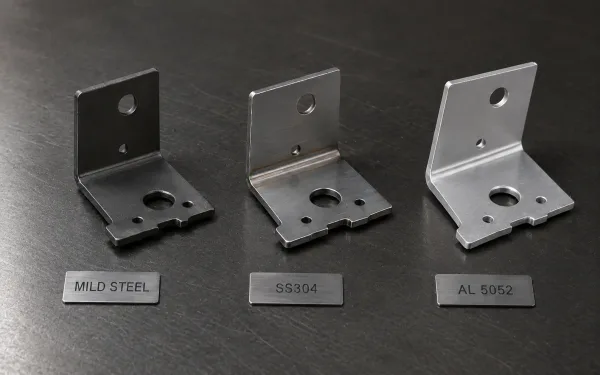 Three identical bracket parts stamped from different materials side by side showing varying degrees of springback: mild steel, stainless steel 304, and aluminum 5052