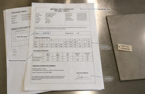 Key information on an EN 10204 Type 3.1 material test certificate