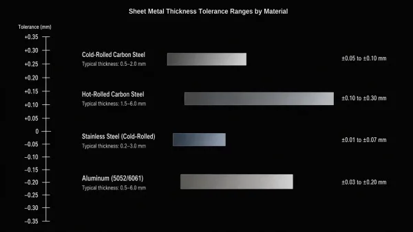 Horizontal bar chart comparing typical thickness tolerances for cold-rolled steel, hot-rolled steel, stainless steel, and aluminum sheet