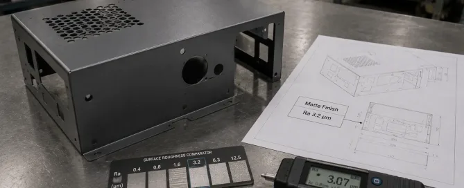 Matte finish on a metal part with engineering drawing and surface roughness specification