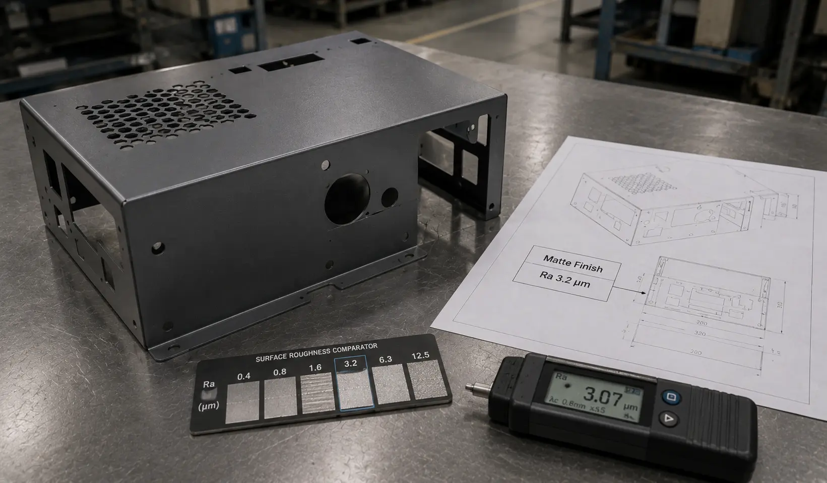 Matte finish on a metal part with engineering drawing and surface roughness specification