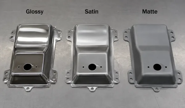 Comparison of matte satin and glossy metal finishes on the same part