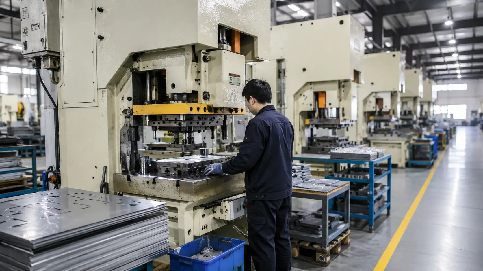 Metal stamping press production line in a sheet metal manufacturing workshop