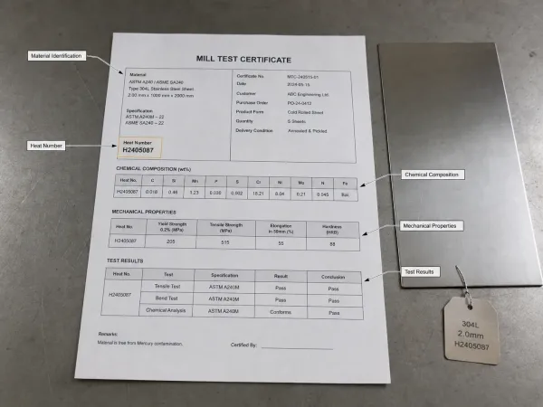 Key information contained in a mill test certificate